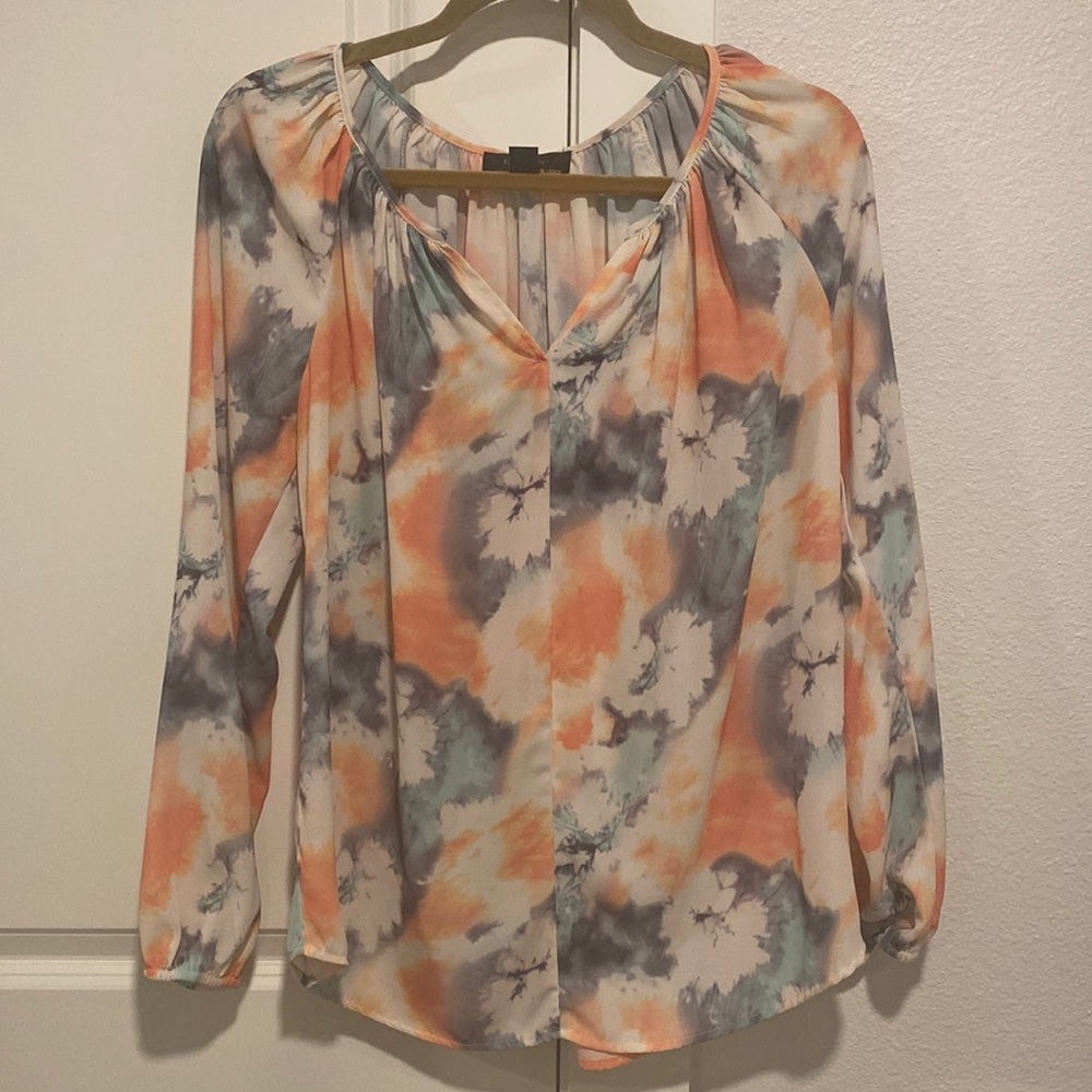 Grey and orange patterned Karen Kane blouse
